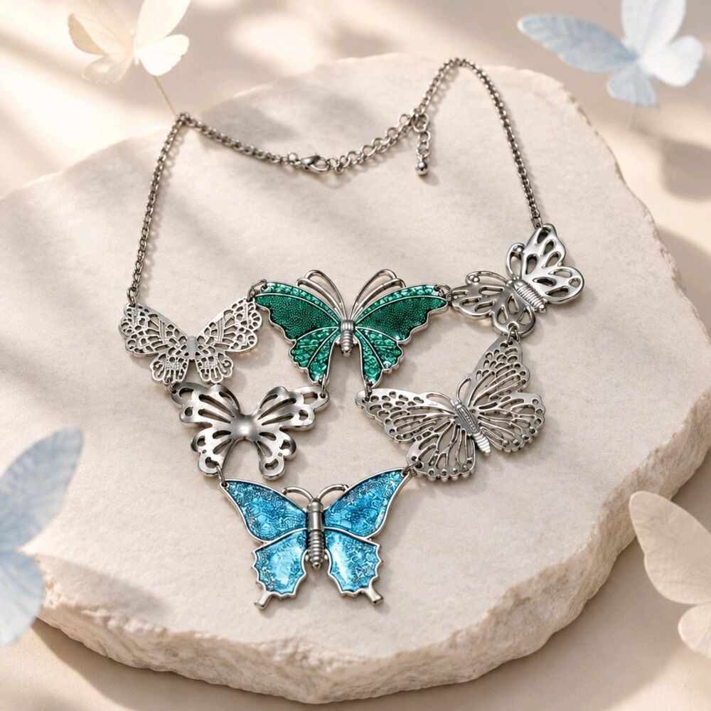 Metal Multi-Butterfly Statement Necklace+Earrings!